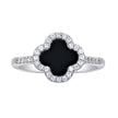 925 Sterling Silver Womens Cubic-Zirconia Black Enameled Clover Good Luck Ring Size 7 - SLV-141773