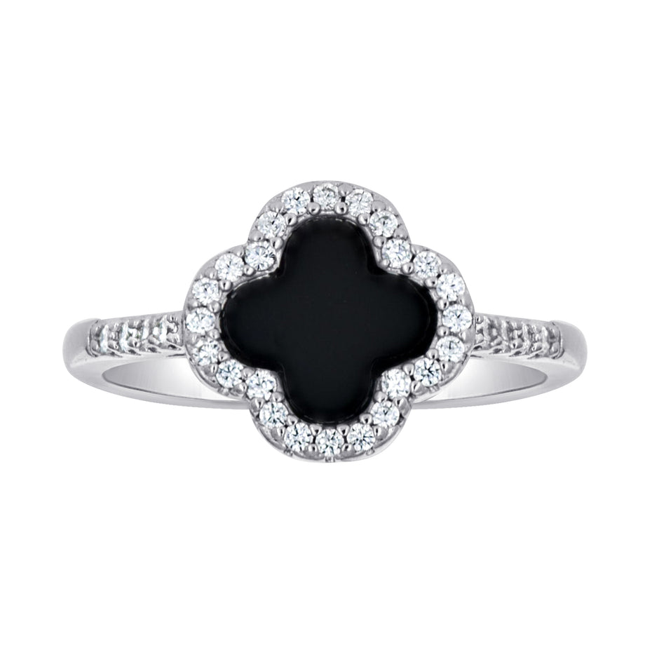925 Sterling Silver Womens Cubic-Zirconia Black Enameled Clover Good Luck Ring Size 9 - SLV-141775