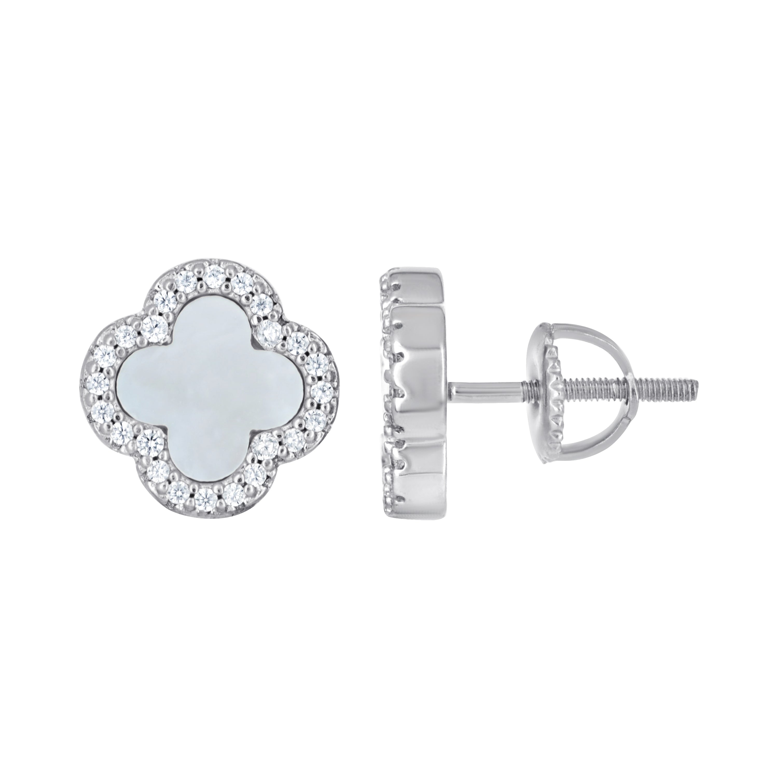 925 Sterling Silver Womens Cubic-Zirconia White Enameled Clover Good Luck Stud Earrings 10mm