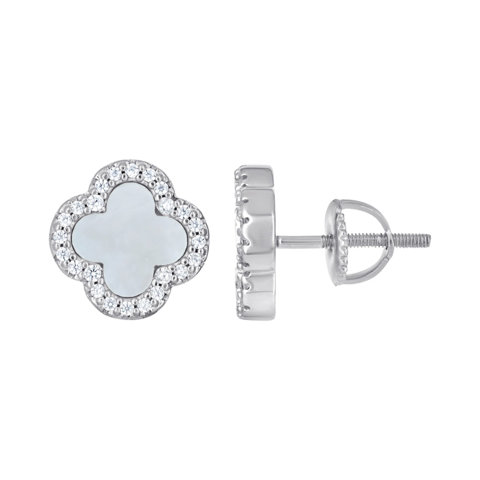 925 Sterling Silver Womens Cubic-Zirconia White Enameled Clover Good Luck Stud Earrings 10mm