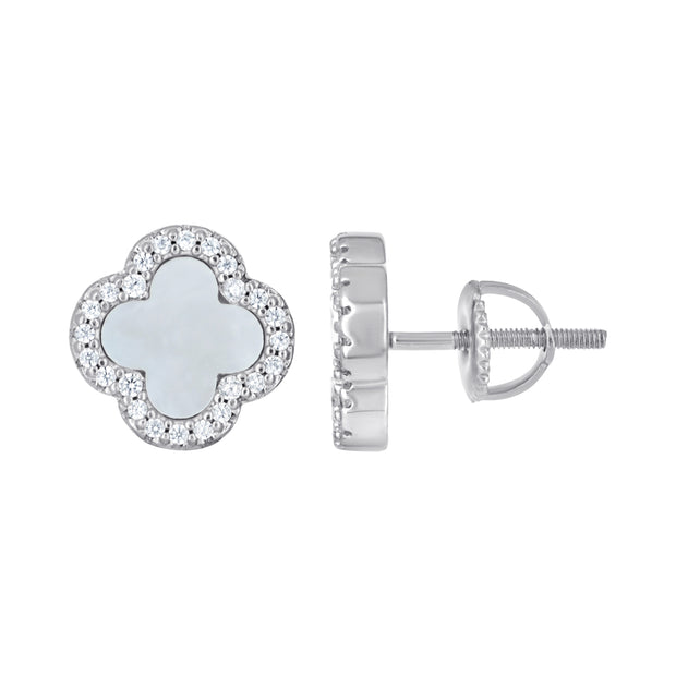 925 Sterling Silver Womens Cubic-Zirconia White Enameled Clover Good Luck Stud Earrings 10mm