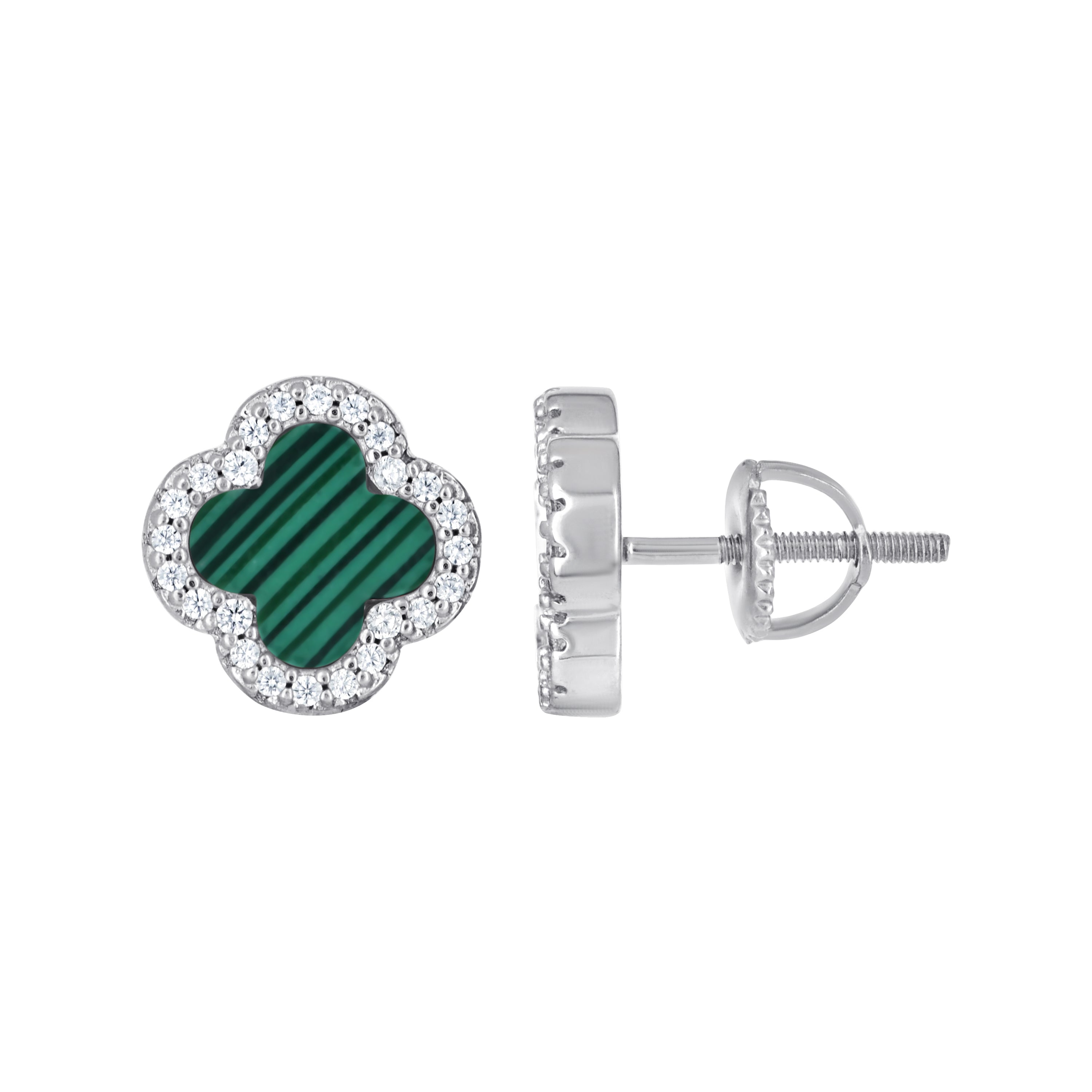 925 Sterling Silver Womens Cubic-Zirconia Green Enameled Clover Good Luck Stud Earrings 10mm