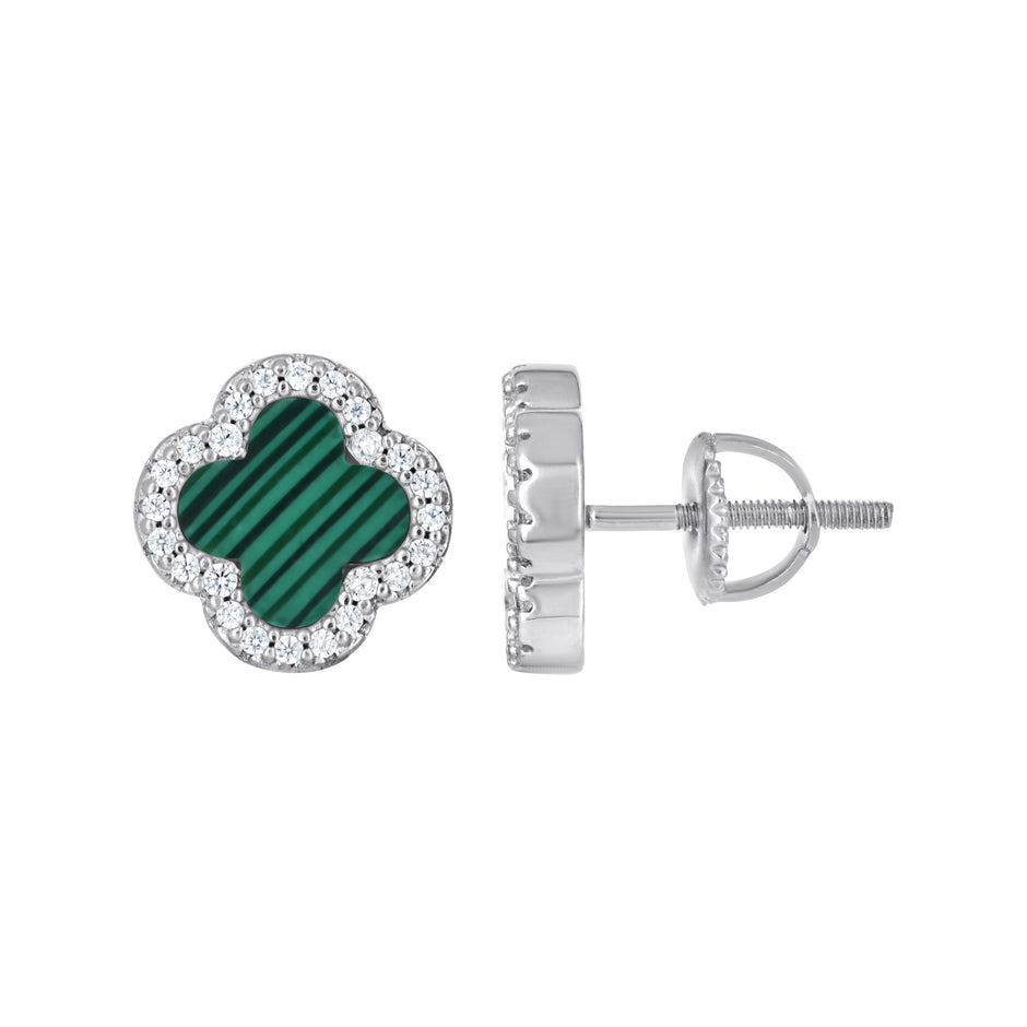925 Sterling Silver Womens Cubic-Zirconia Green Enameled Clover Good Luck Stud Earrings 10mm