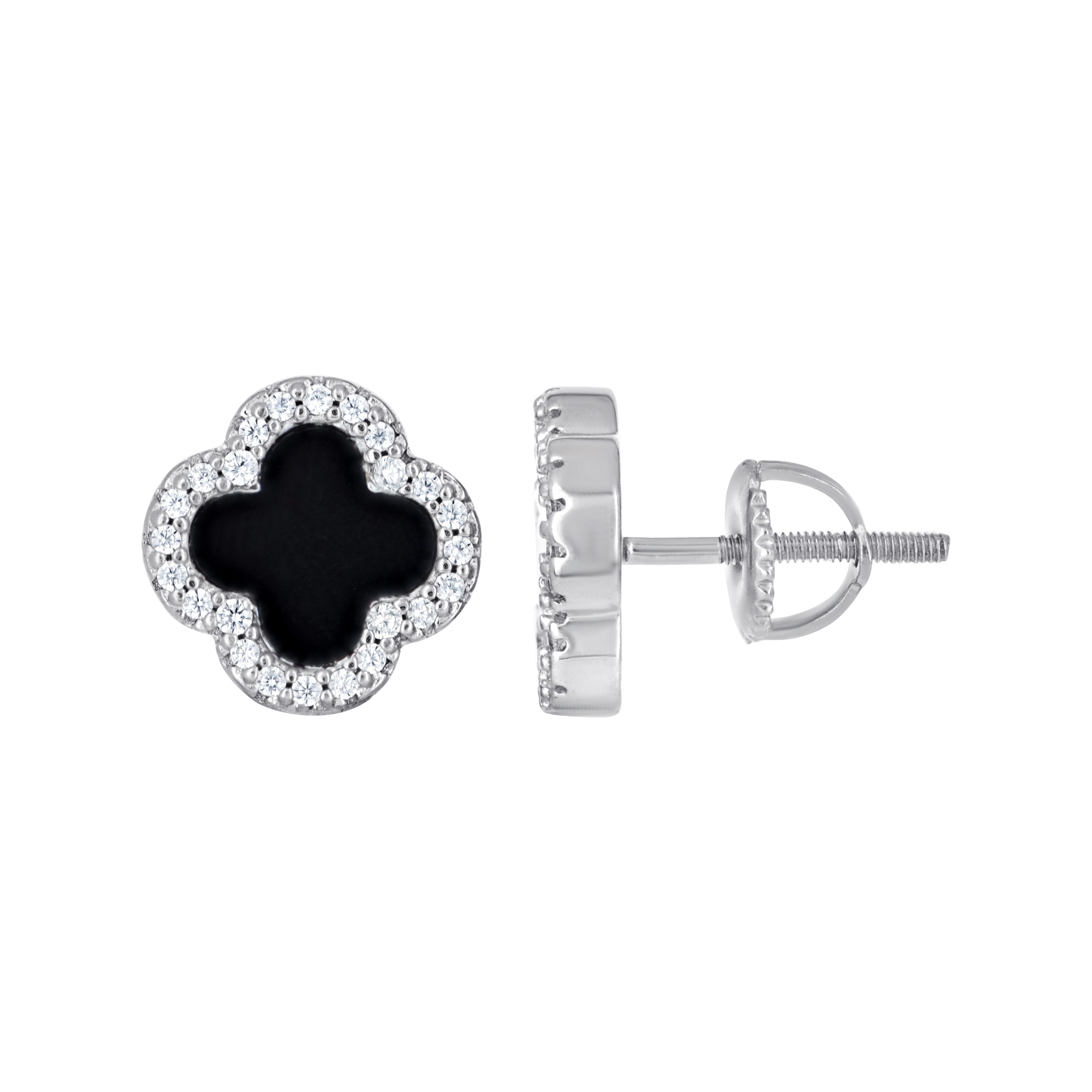 925 Sterling Silver Womens Cubic-Zirconia Black Enameled Clover Good Luck Stud Earrings 10mm