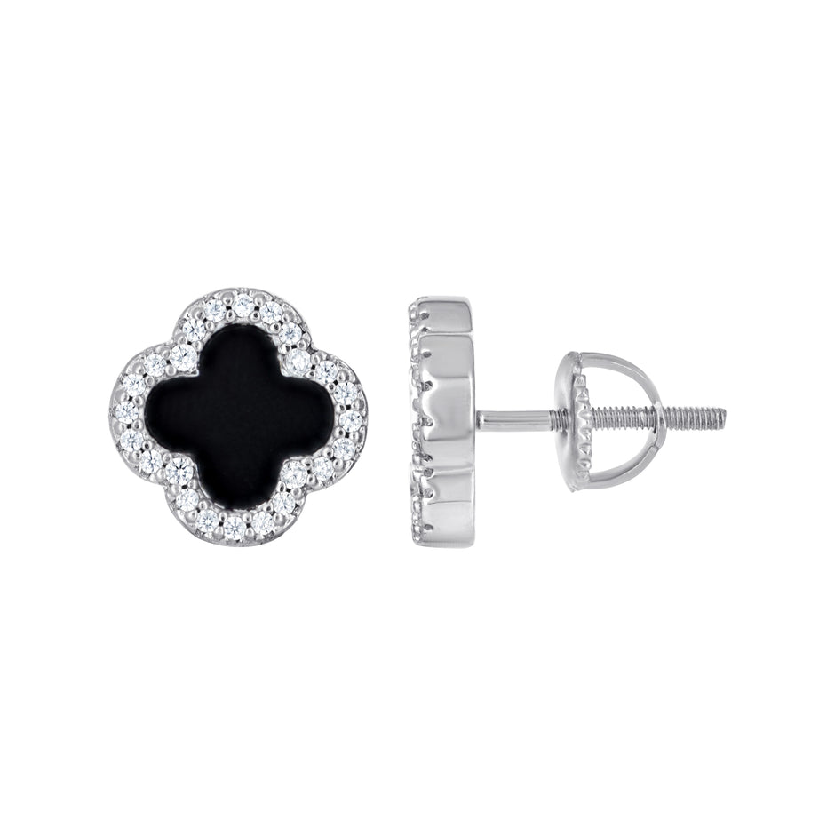 925 Sterling Silver Womens Cubic-Zirconia Black Enameled Clover Good Luck Stud Earrings 10mm