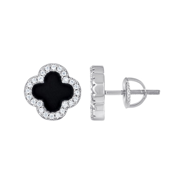 925 Sterling Silver Womens Cubic-Zirconia Black Enameled Clover Good Luck Stud Earrings 10mm