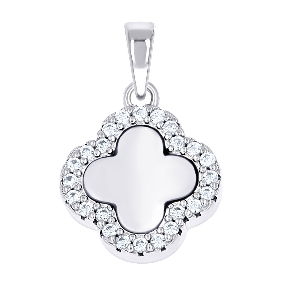 925 Sterling Silver Womens Cubic-Zirconia White Clover Good Luck Pendant 13mm
