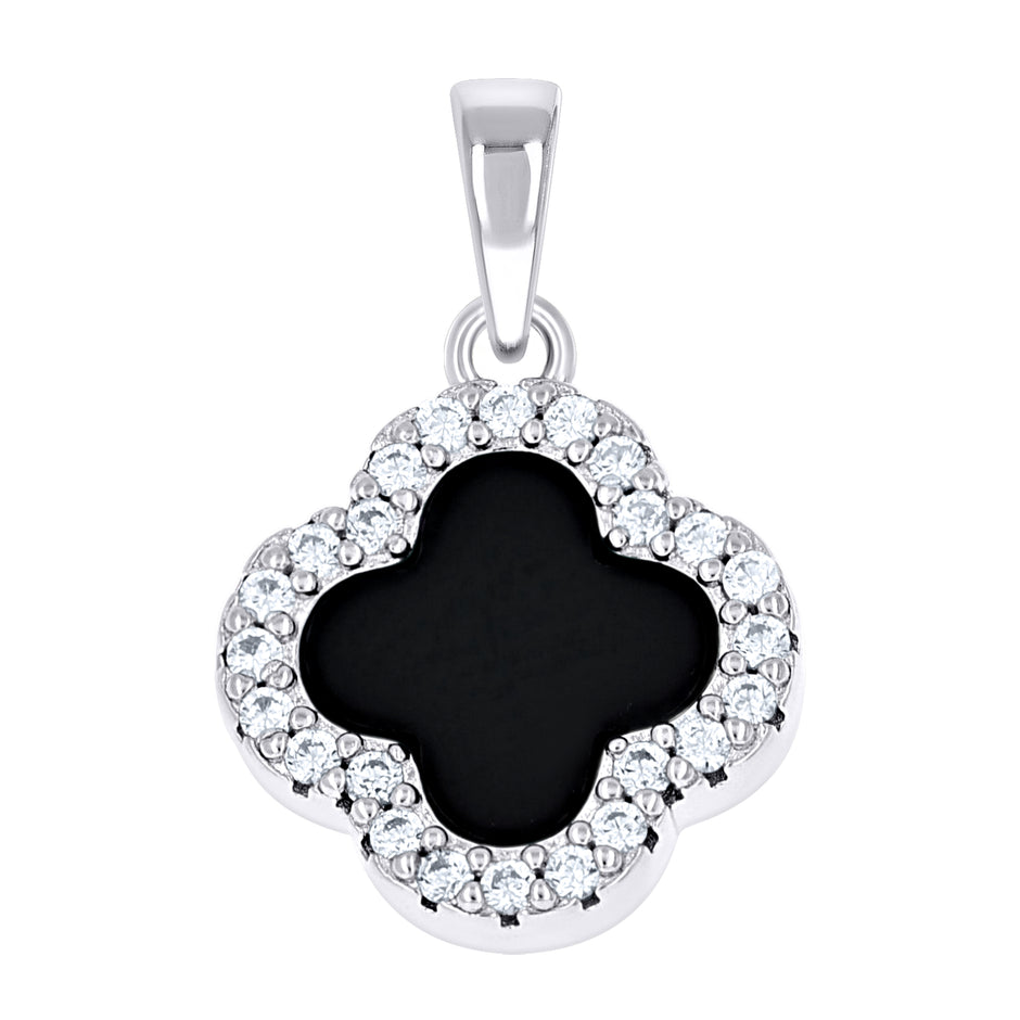 925 Sterling Silver Womens Cubic-Zirconia Black Clover Good Luck Pendant 13mm