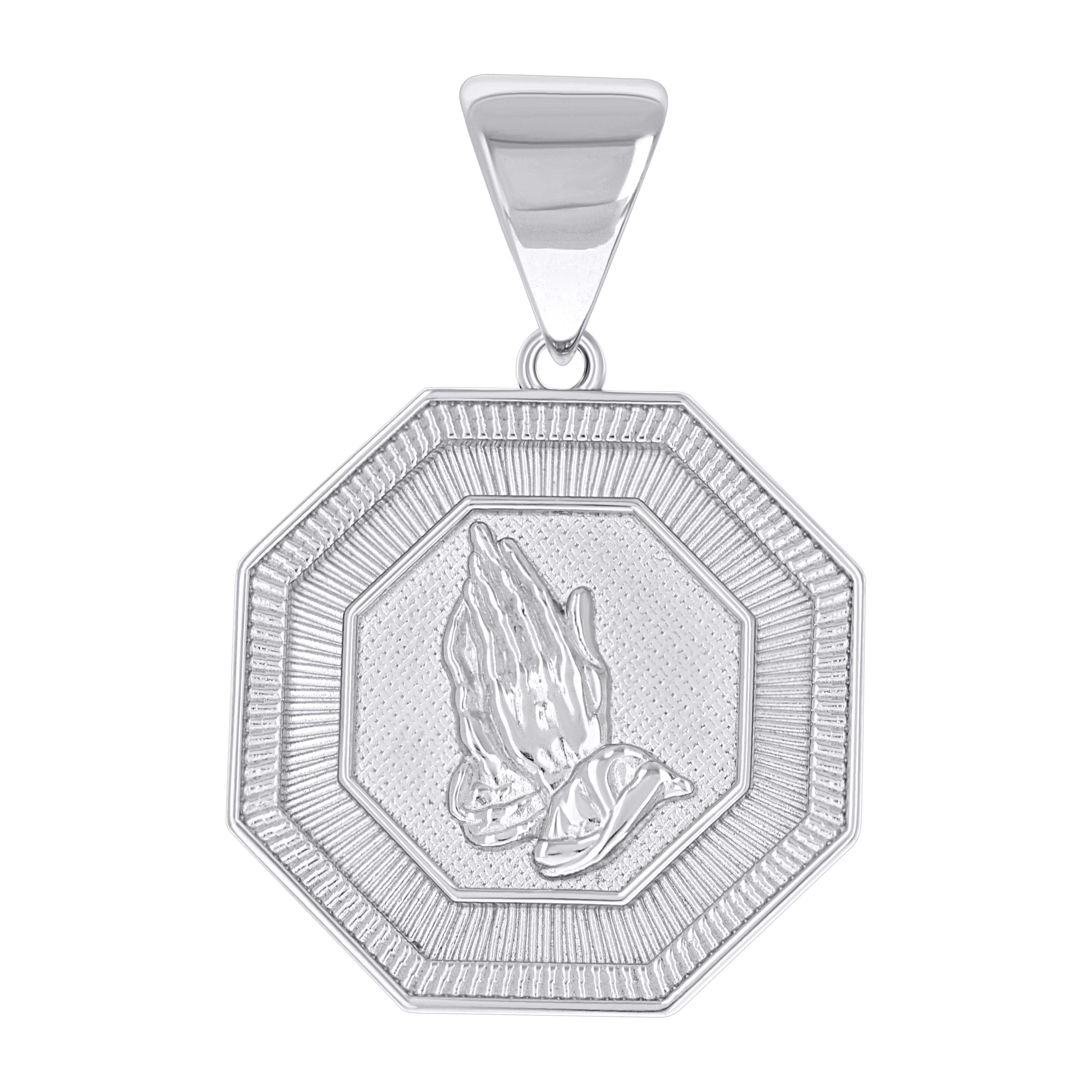 925 Sterling Silver Unisex Octagon Praying Hands Symbol Religious Pendant