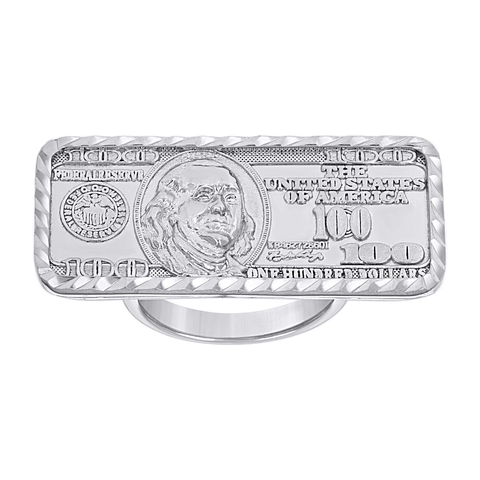 925 Sterling Silver Mens 100 Dollar Bill Currency Fashion Ring S9 - SLV-142096