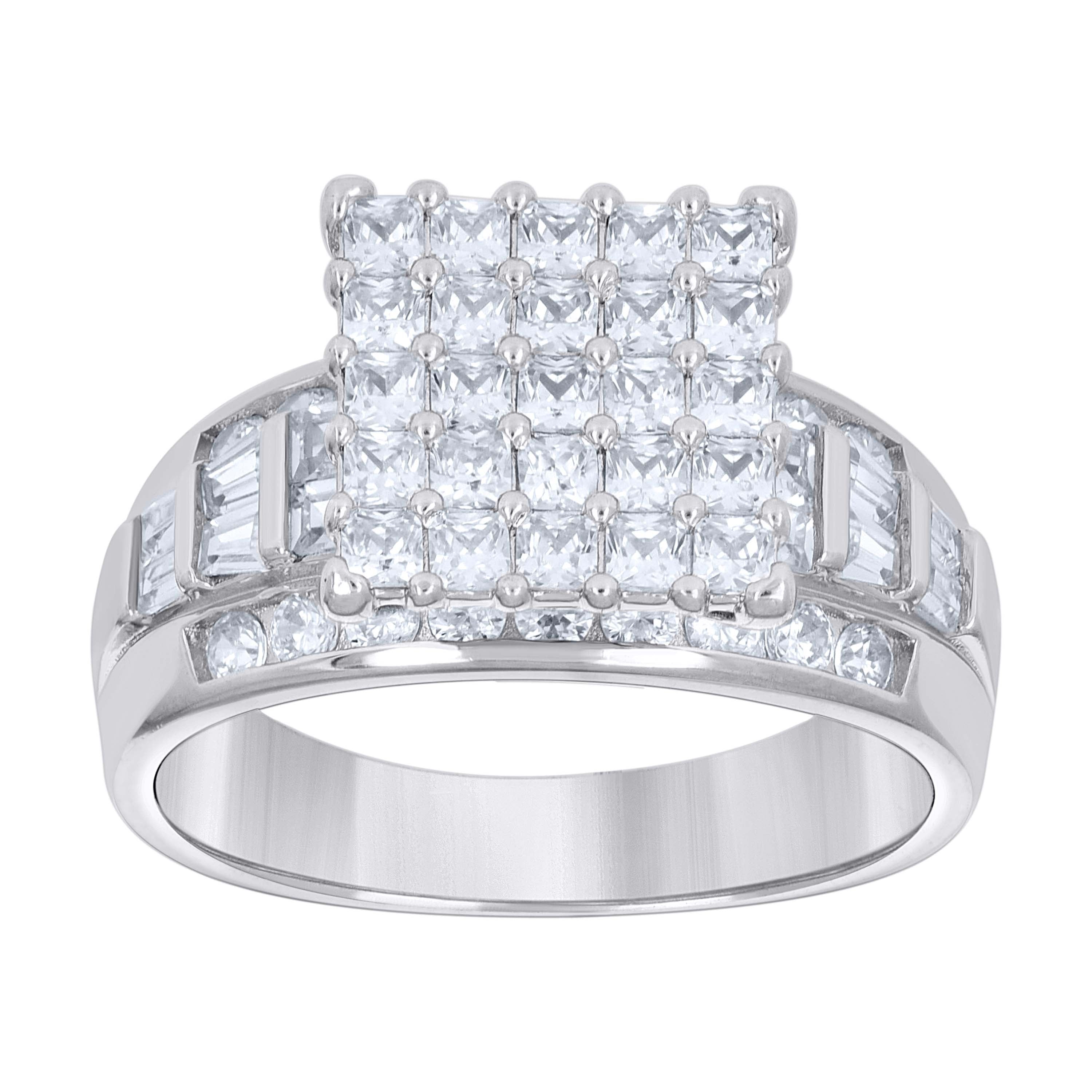 925 Sterling Silver Womens Baguette/Princess-Cut Round Cubic-Zirconia Square Head Fashion Ring Size 7 - SLV-142090