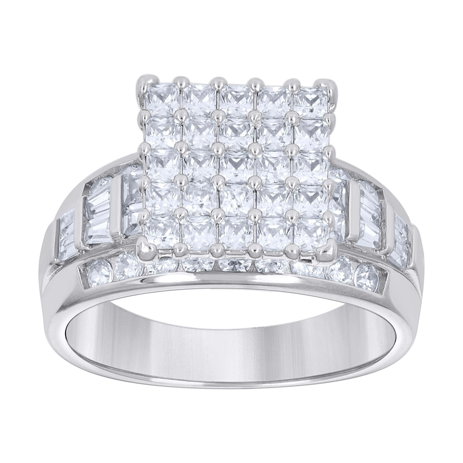 925 Sterling Silver Womens Baguette/Princess-Cut Round Cubic-Zirconia Square Head Fashion Ring Size 7 - SLV-142090