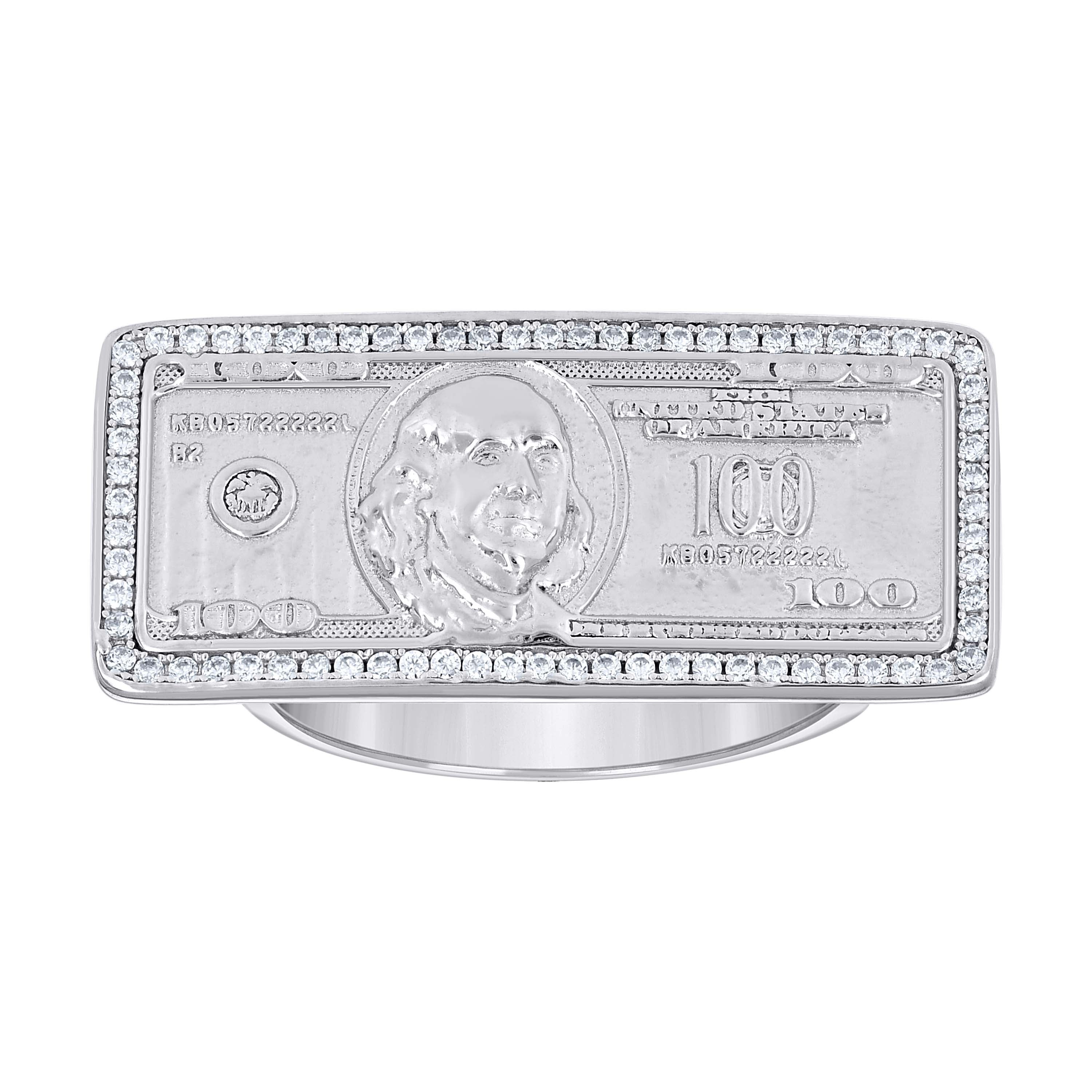 925 Sterling Silver Mens Cubic-Zirconia 100 Dollar Bill Currency Fashion Ring Size 8