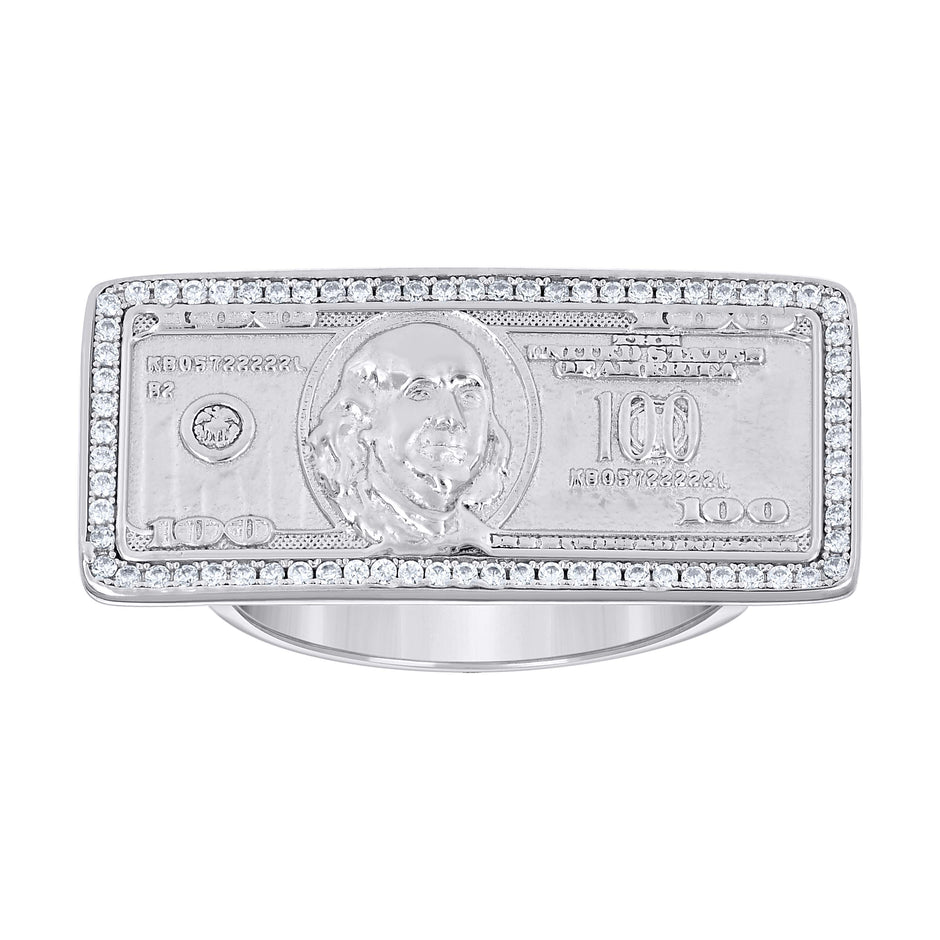 925 Sterling Silver Mens Cubic-Zirconia 100 Dollar Bill Currency Fashion Ring Size 8