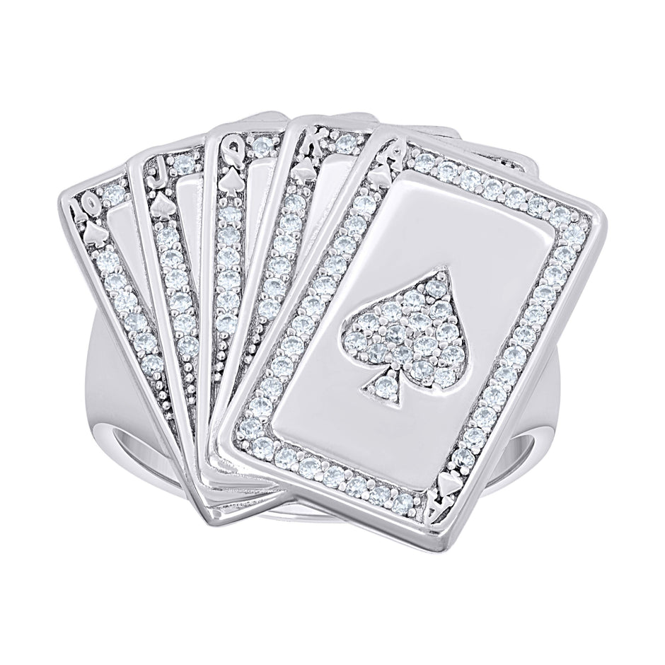 925 Sterling Silver Mens Cubic-Zirconia Poker Cards Gambling Ring Size 9 - SLV-142103