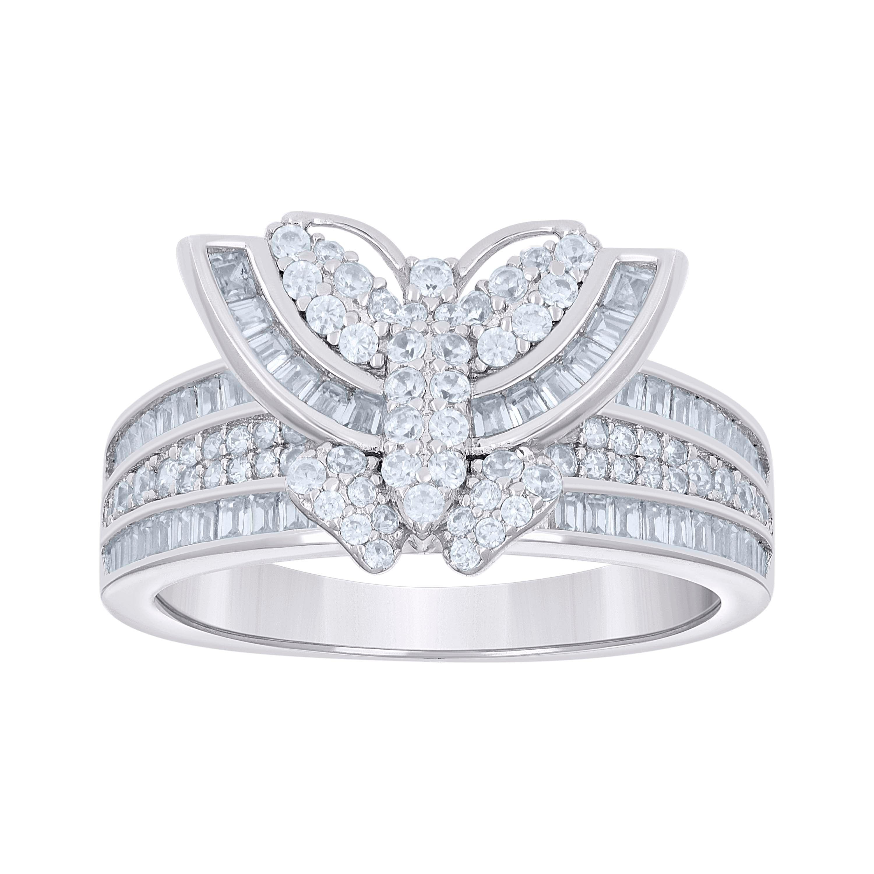 925 Sterling Silver Womens Baguette Round Cubic-Zirconia Butterfly Ring Size 6 - SLV-142112