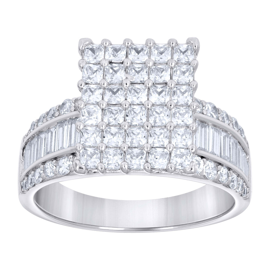 925 Sterling Silver Womens Baguette/Princess-Cut Round Cubic-Zirconia Square Head Fashion Ring Size 9 - SLV-142133