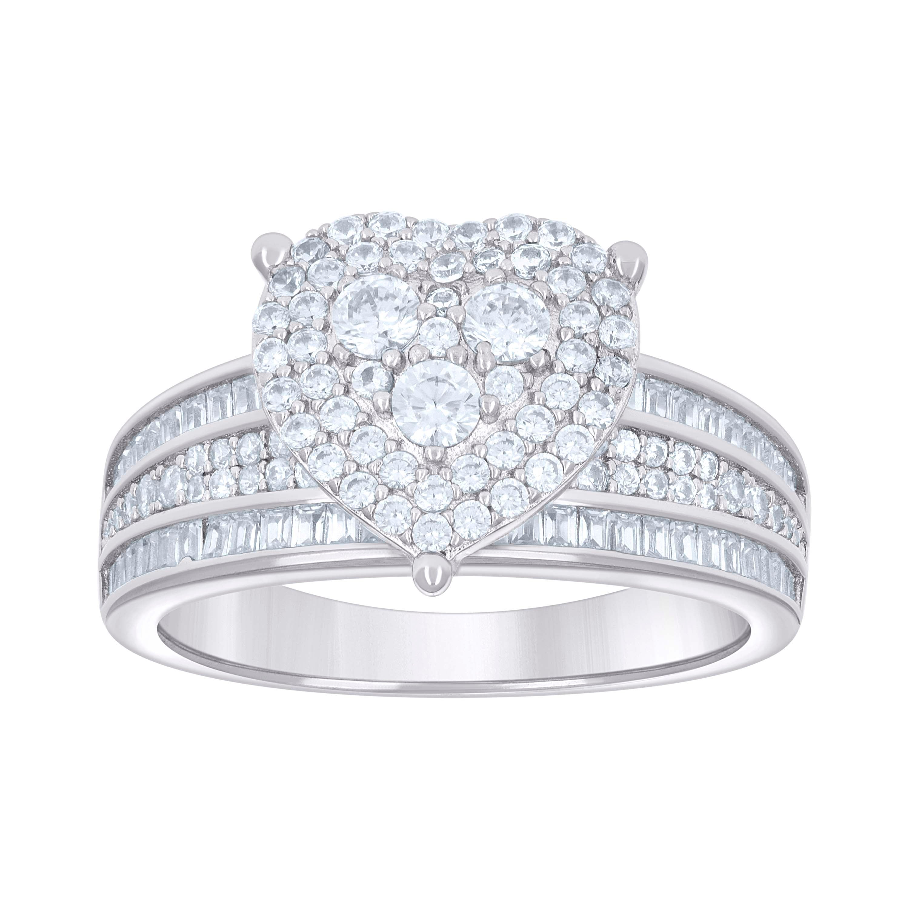 925 Sterling Silver Womens Baguette Round Cubic-Zirconia Heart Ring Size 7 - SLV-135276