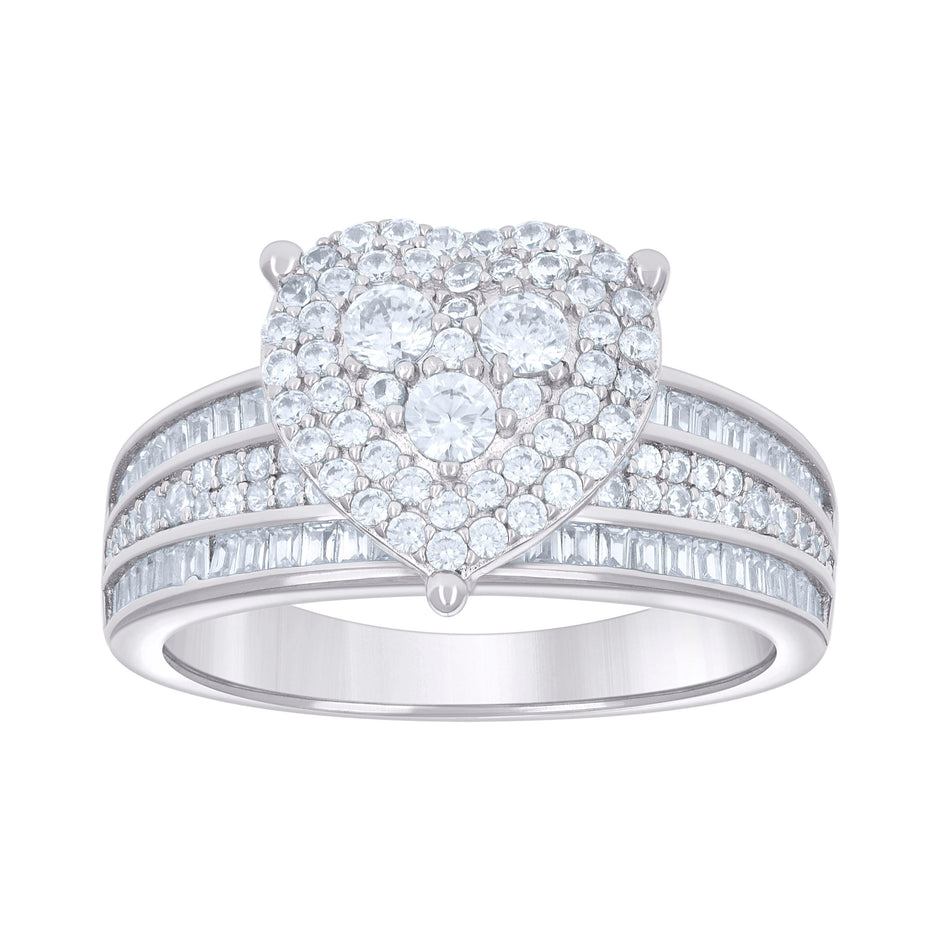 925 Sterling Silver Womens Baguette Round Cubic-Zirconia Heart Ring Size 10 - SLV-142142