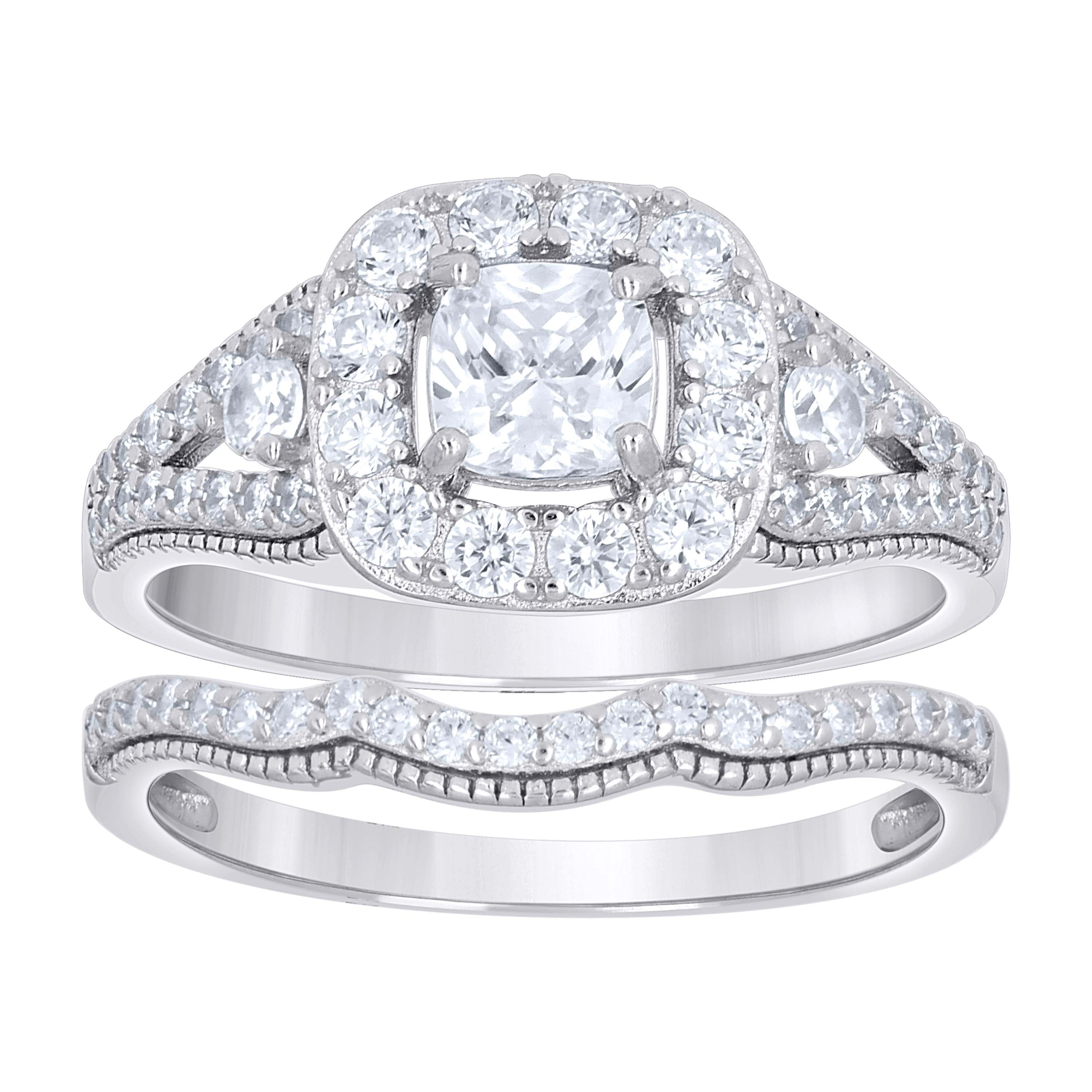925 Sterling Silver Womens Cushion-Cut Round Cubic-Zirconia Duo Bridal Ring Set Size 6