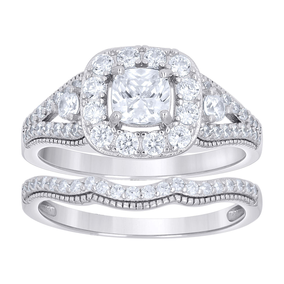 925 Sterling Silver Womens Cushion-Cut Round Cubic-Zirconia Duo Bridal Ring Set Size 9 - SLV-142153