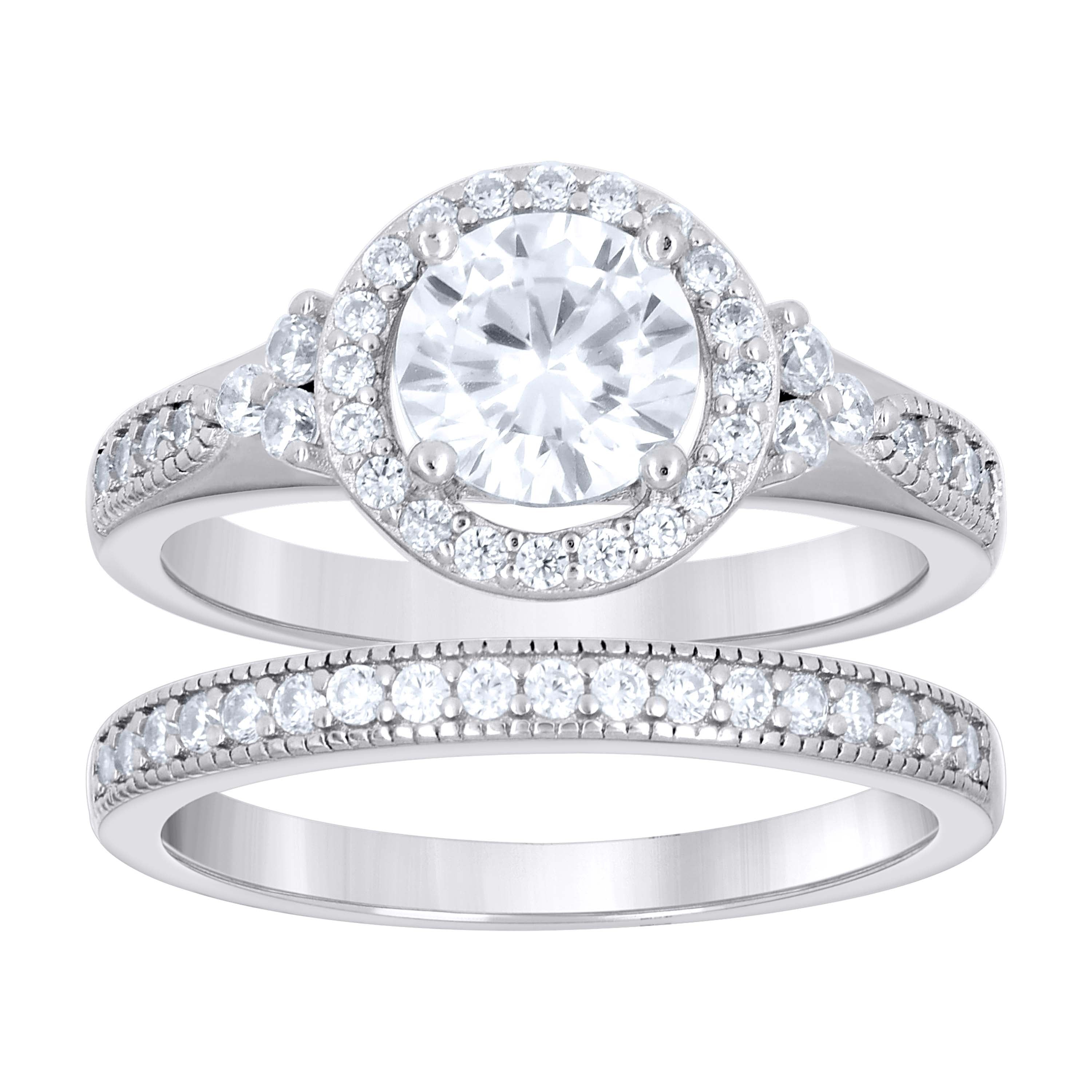 925 Sterling Silver Womens Cubic-Zirconia Halo Duo Ring Set Size 10 - SLV-142160