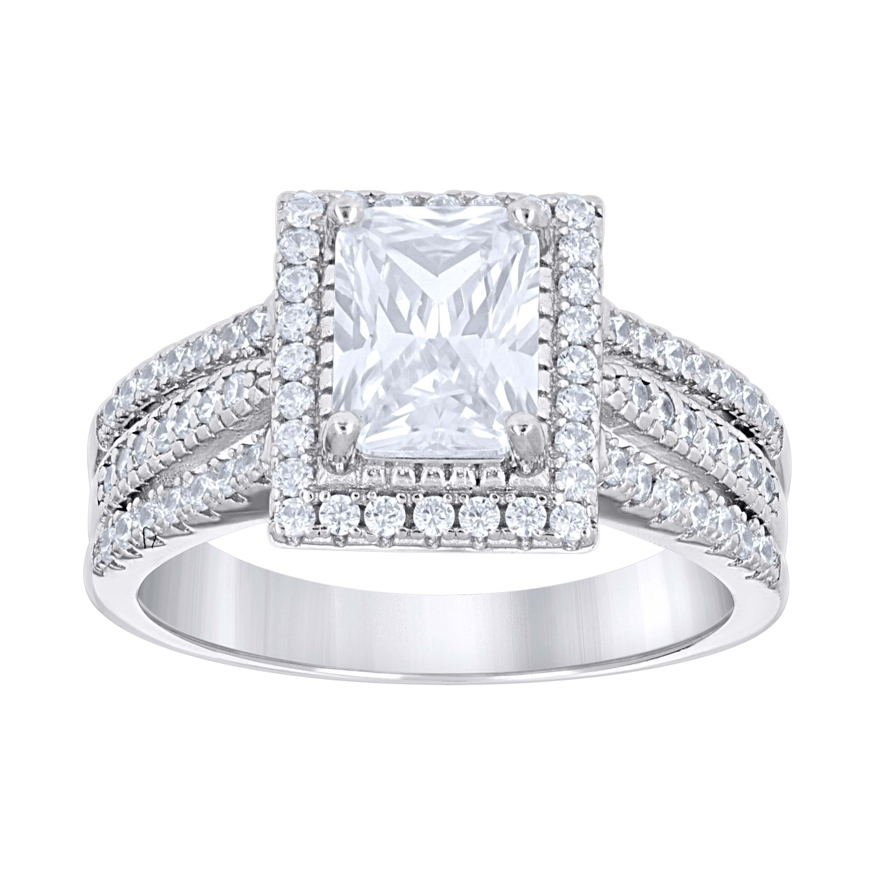 925 Sterling Silver Womens Emerald Round Cubic-Zirconia Rectangle Head Engagement Ring Size 8 - SLV-142170