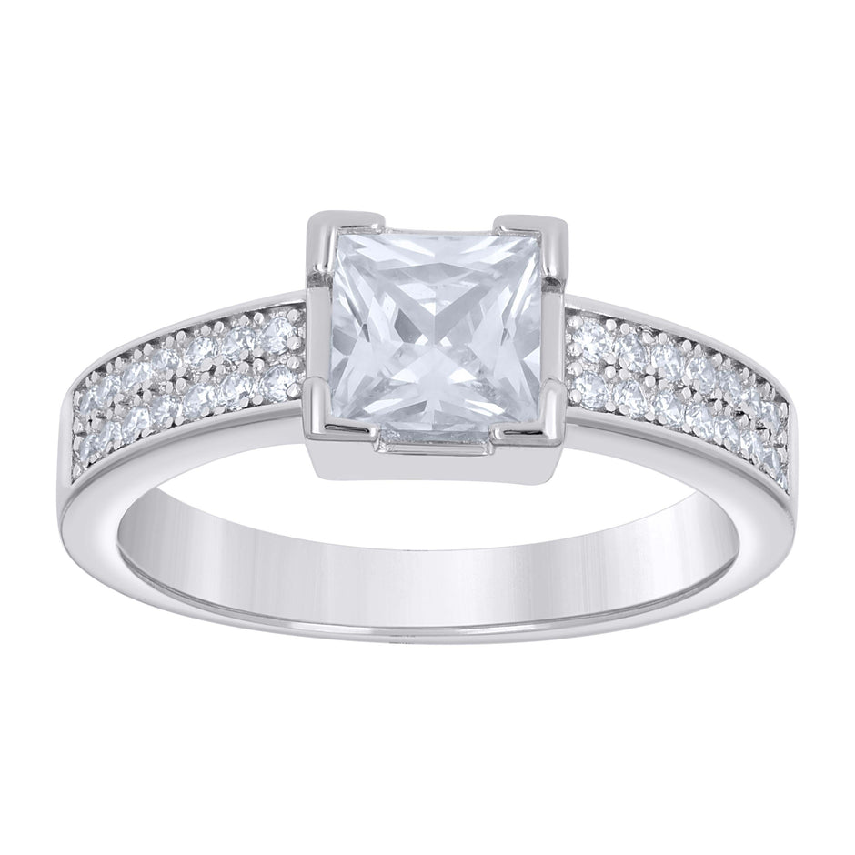 925 Sterling Silver Womens Princess-Cut Round Cubic-Zirconia Square Head Engagement Ring Size 5