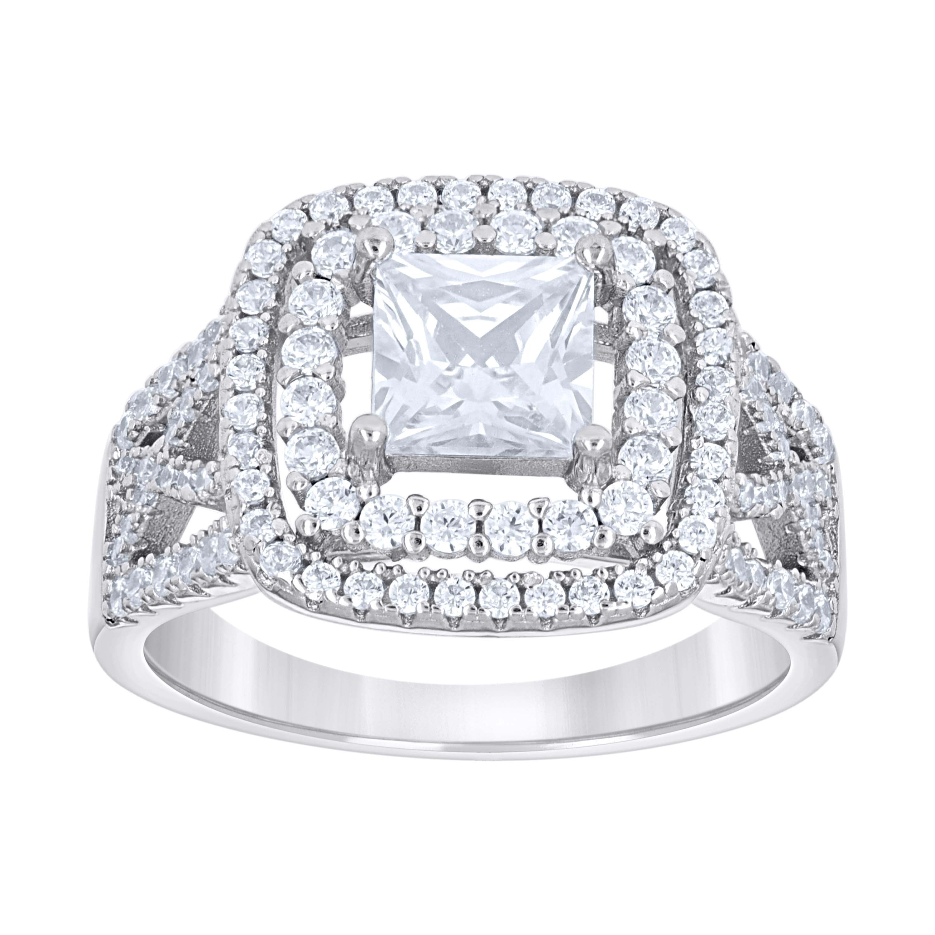 925 Sterling Silver Womens Princess-Cut Round Cubic-Zirconia Square Head Engagement Ring Size 7 - SLV-142213