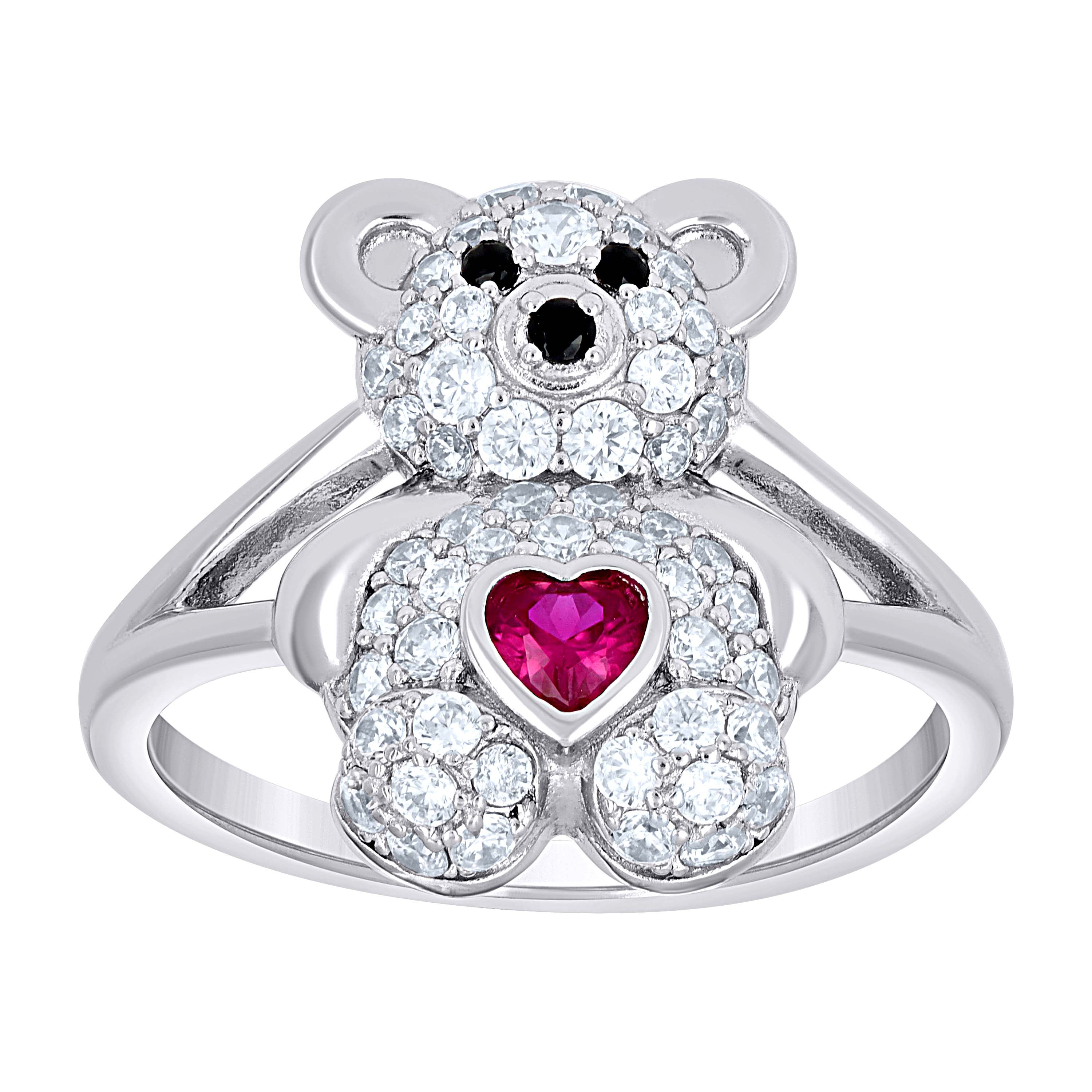 925 Sterling Silver Womens Black/Pink White Heart Round Cubic-Zirconia Teddy Bear Love Heart Ring Size 9 - SLV-142216