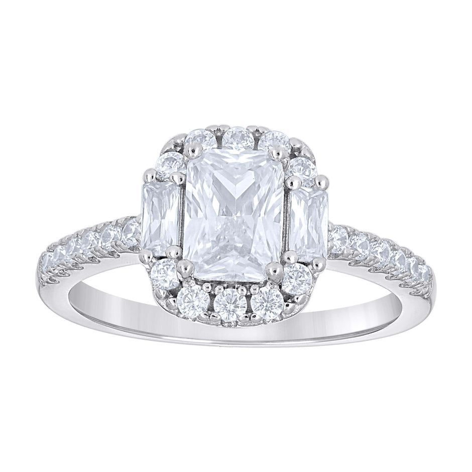 925 Sterling Silver Womens Emerald Baguette Round Cubic-Zirconia Fashion Engagement Ring Size 9 - SLV-142224