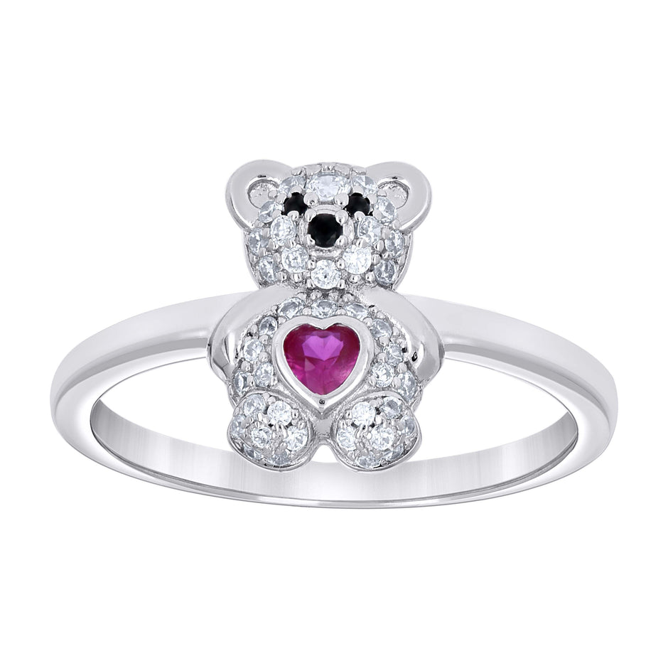 925 Sterling Silver Womens Black/Pink White Heart Round Cubic-Zirconia Teddy Bear Love Heart Ring Size 7 - SLV-142241