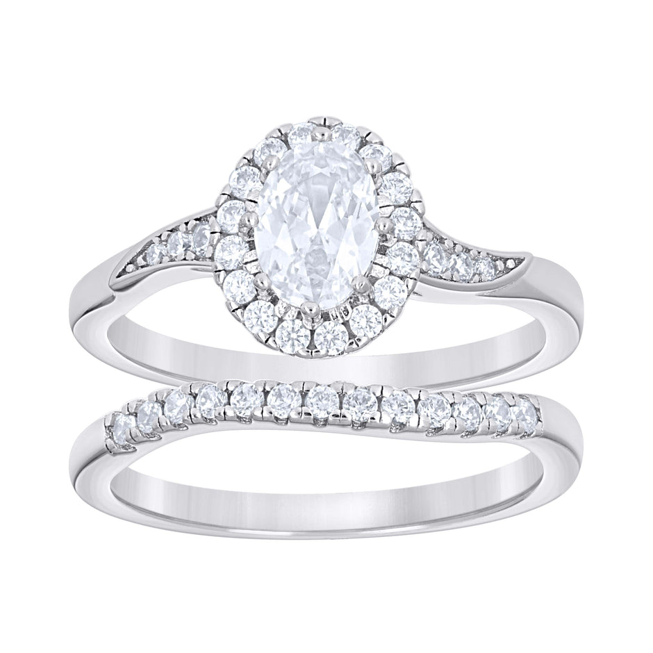 925 Sterling Silver Womens Oval Round Cubic-Zirconia Halo Duo Ring Set Size 9 - SLV-142297
