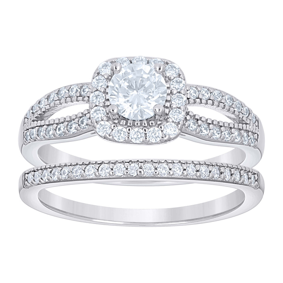 925 Sterling Silver Womens Cubic-Zirconia Square Head Duo Ring Set Size 8 - SLV-142308