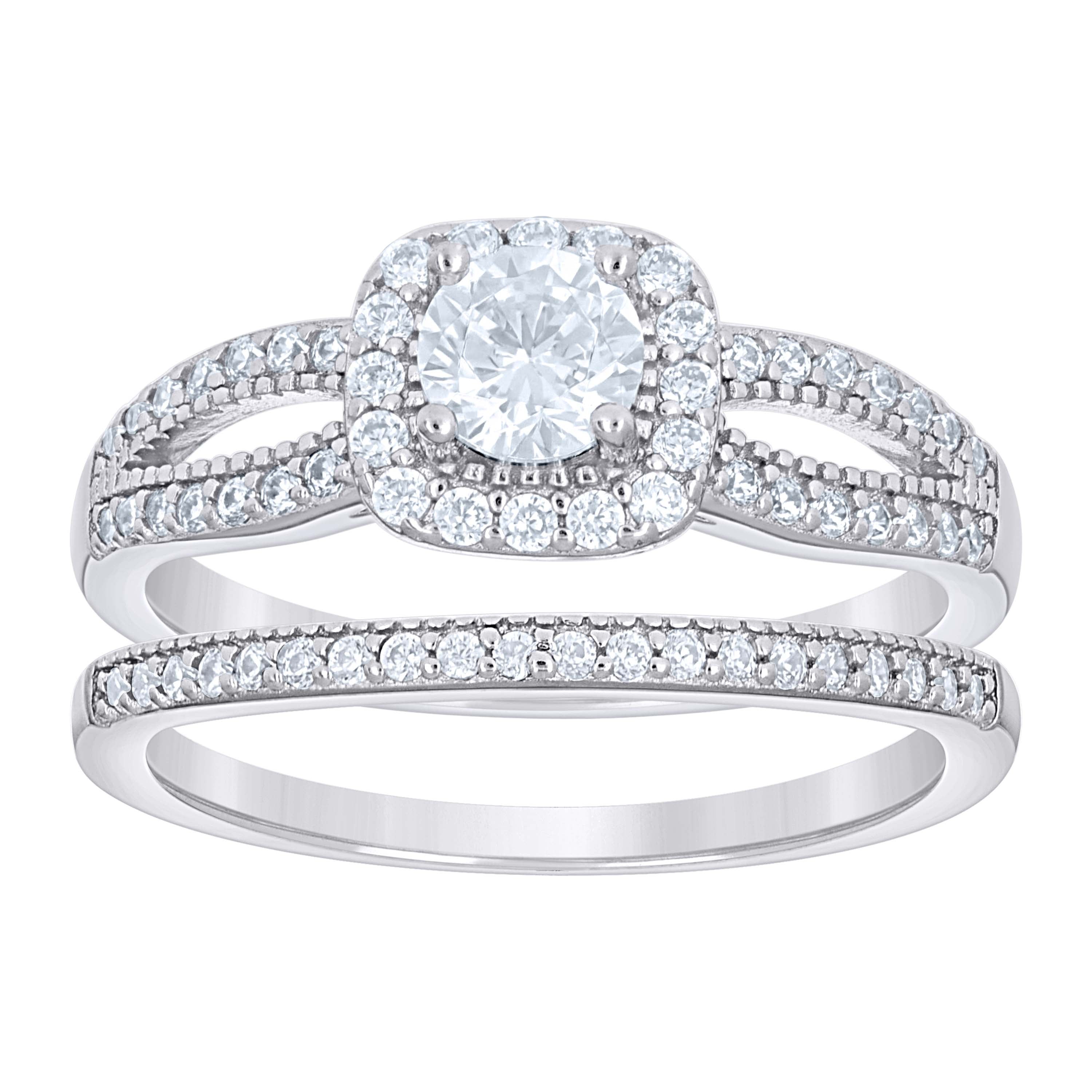 925 Sterling Silver Womens Cubic-Zirconia Square Head Duo Ring Set Size 7 - SLV-142306