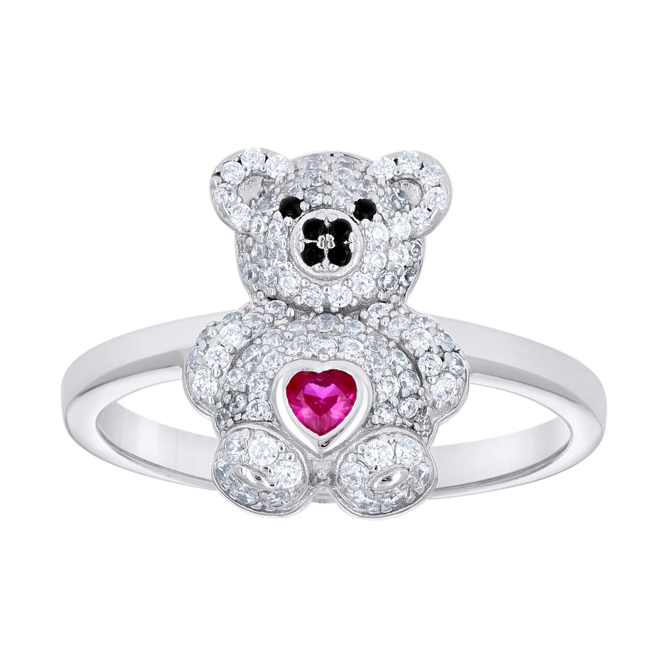 925 Sterling Silver Womens Black/Pink White Heart Round Cubic-Zirconia Teddy Bear Love Heart Ring Size 9 - SLV-142313
