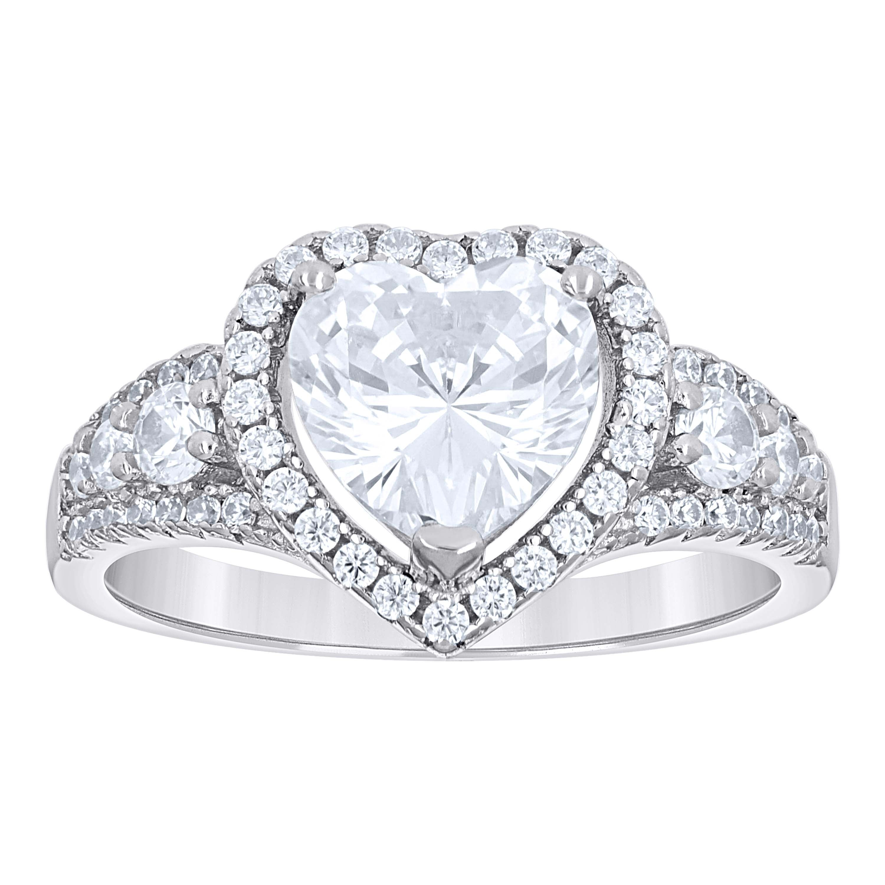 925 Sterling Silver Womens Heart Round Cubic-Zirconia Heart Engagement Ring Size 6 - SLV-142318