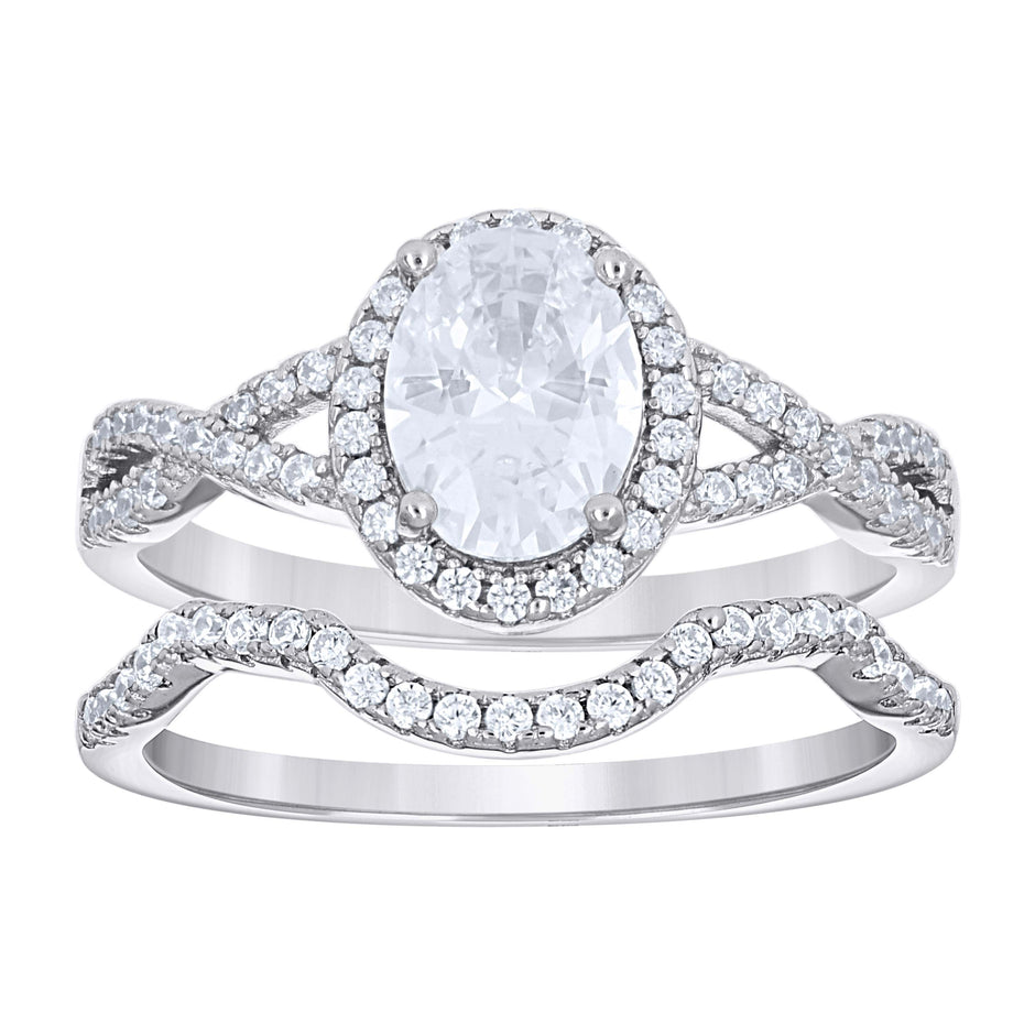 925 Sterling Silver Womens Oval Round Cubic-Zirconia Halo Duo Ring Set Size 6