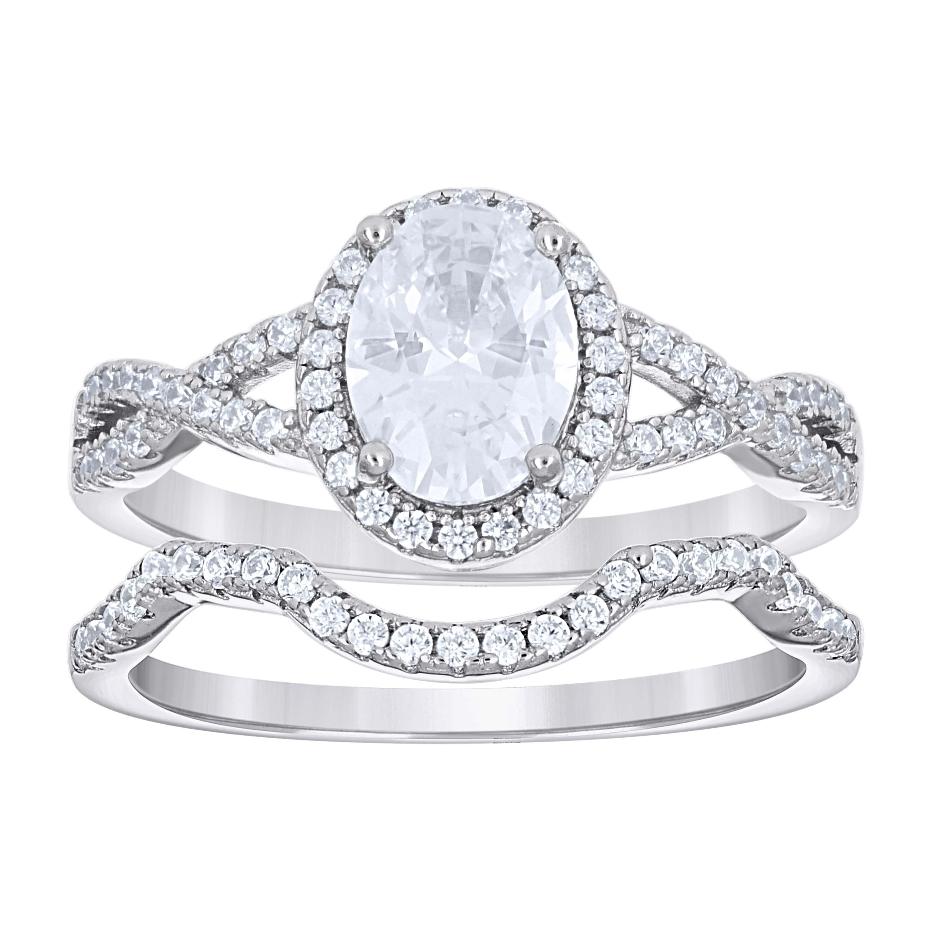 925 Sterling Silver Womens Oval Round Cubic-Zirconia Halo Duo Ring Set Size 7 - SLV-142343