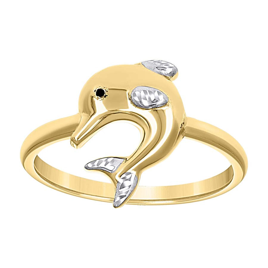 14kt Two-Tone Gold Womens Enameled Dolphin Ocean Life Ring 