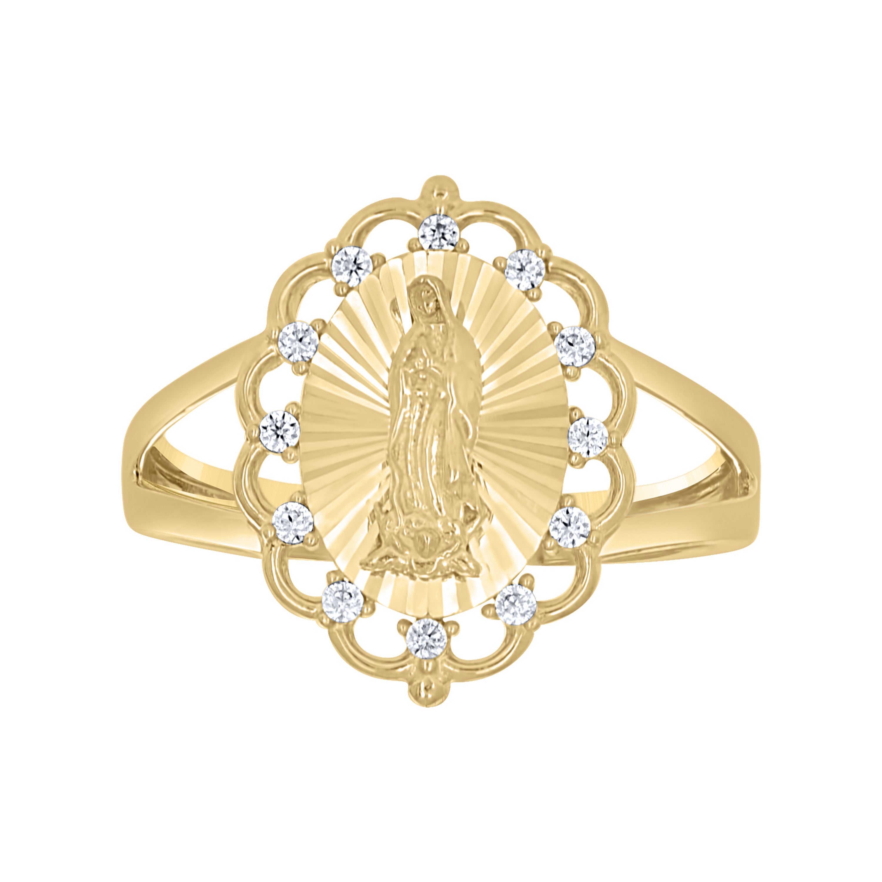 10kt Yellow Gold Womens Cubic-Zirconia Flower Head Guadalupe Religious Ring 