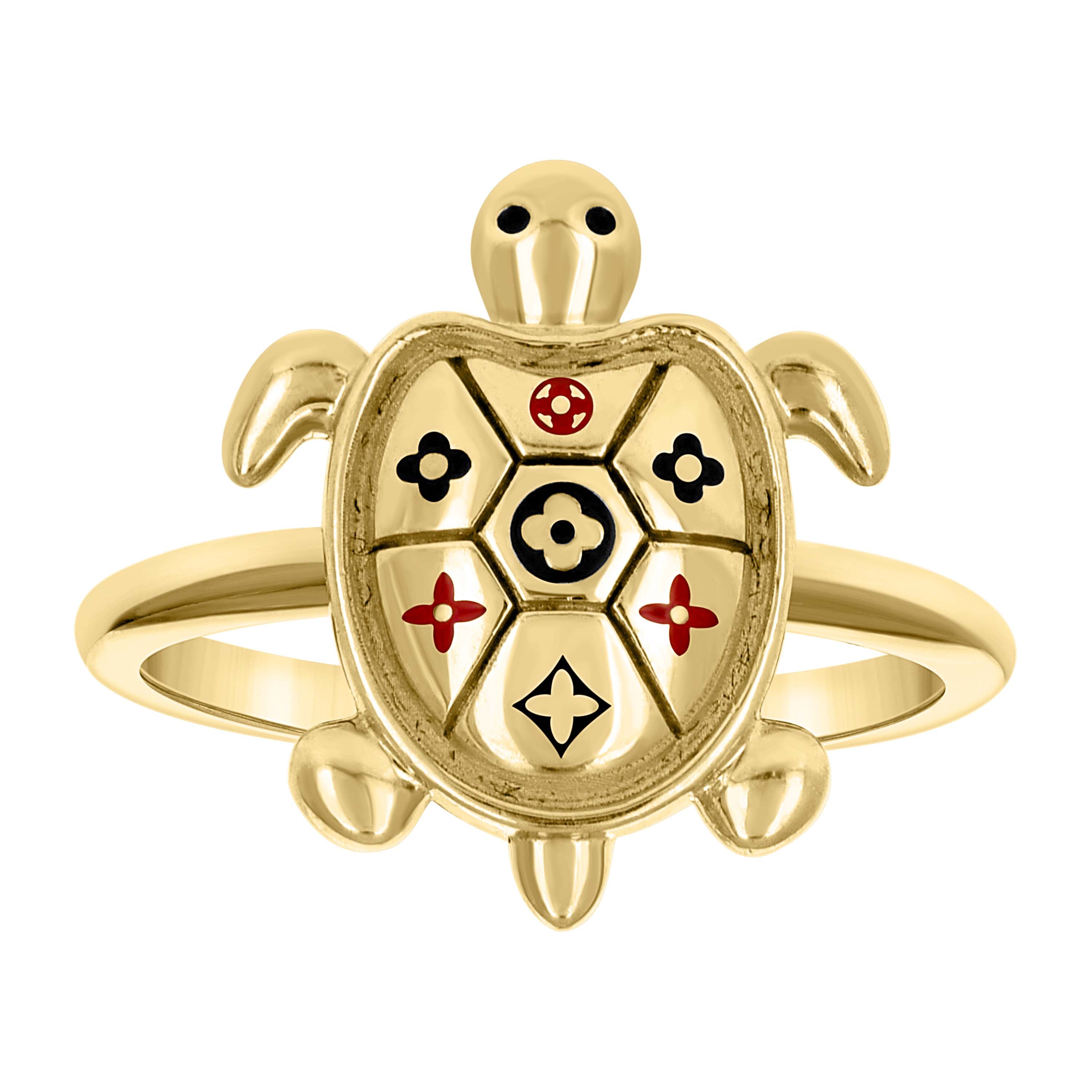 10kt Yellow Gold Womens Enameled Clover Turtle Ocean Life Ring 