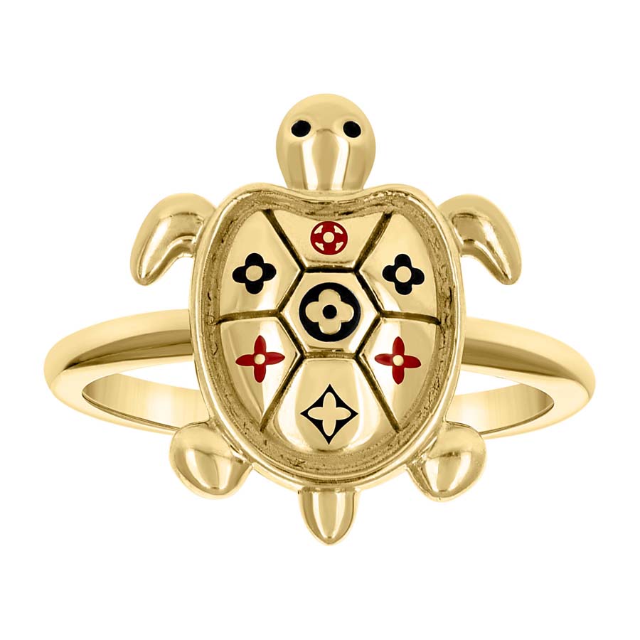 14kt Yellow Gold Womens Enameled Clover Turtle Ocean Life Ring 