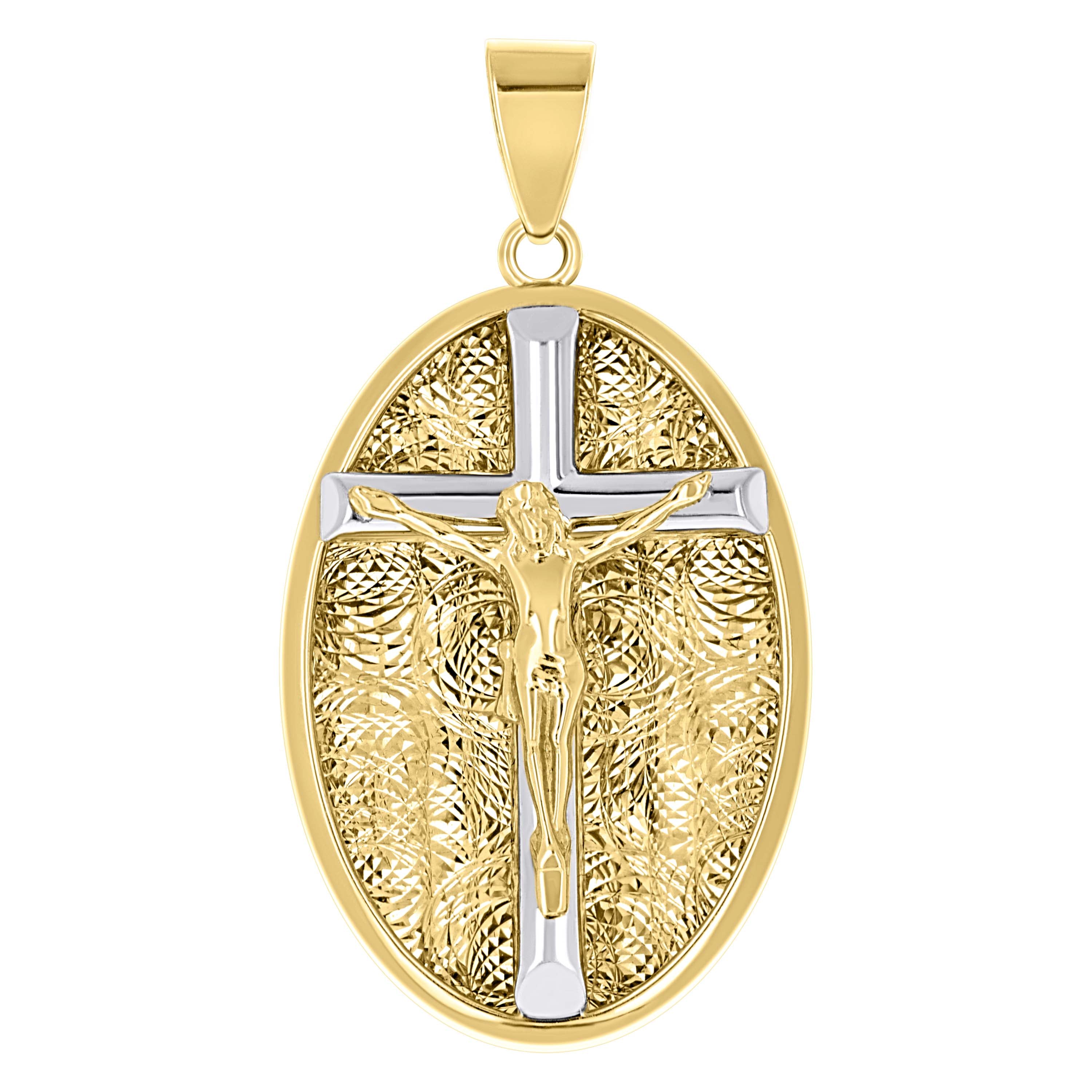 10kt Two-Tone Gold Unisex Oval Crucifix Cross Religious Pendant 