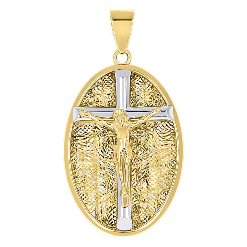 10kt Two-Tone Gold Unisex Oval Crucifix Cross Religious Pendant 
