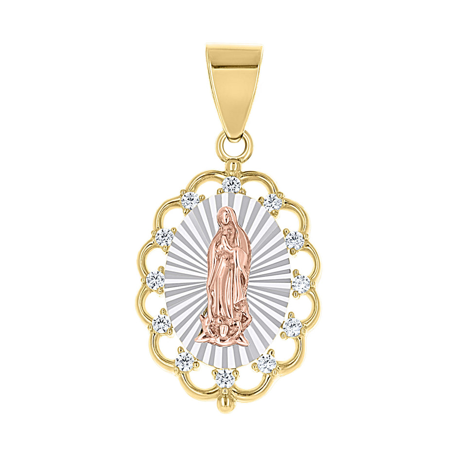 10kt Tri-Color Gold Unisex Cubic-Zirconia Guadalupe Religious Pendant 