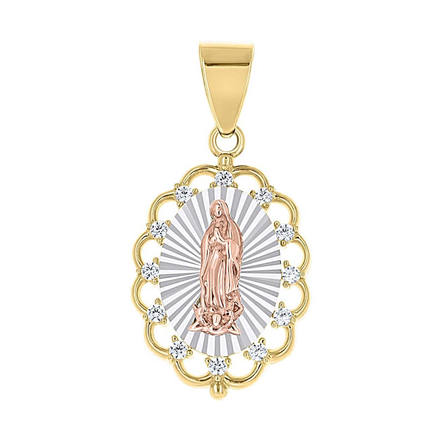 14kt Tri-Color Gold Unisex Cubic-Zirconia Guadalupe Religious Pendant 
