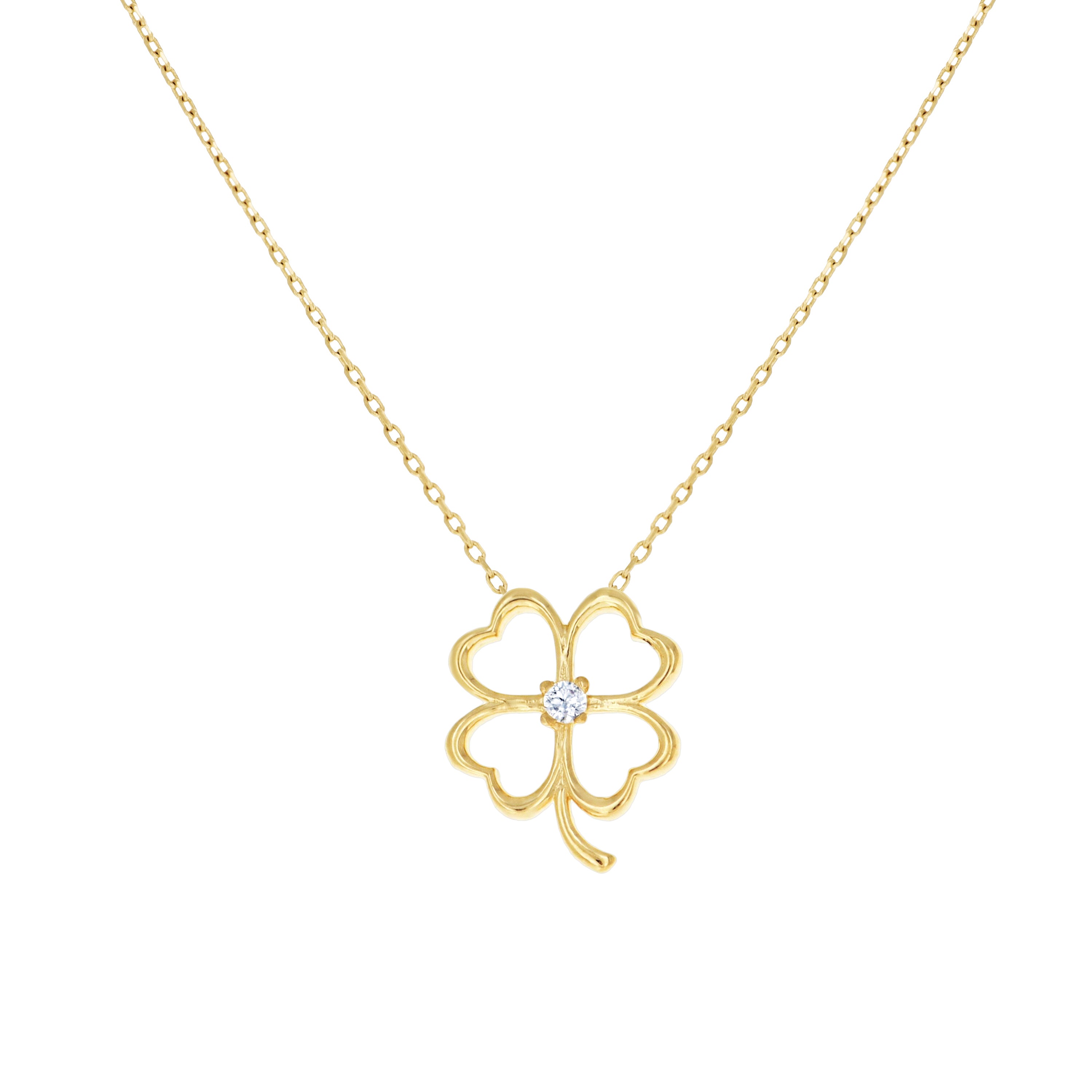 14kt Yellow Gold Womens Cubic-Zirconia Four Leaf Clover Good Luck Charm Necklace 18 Inches 