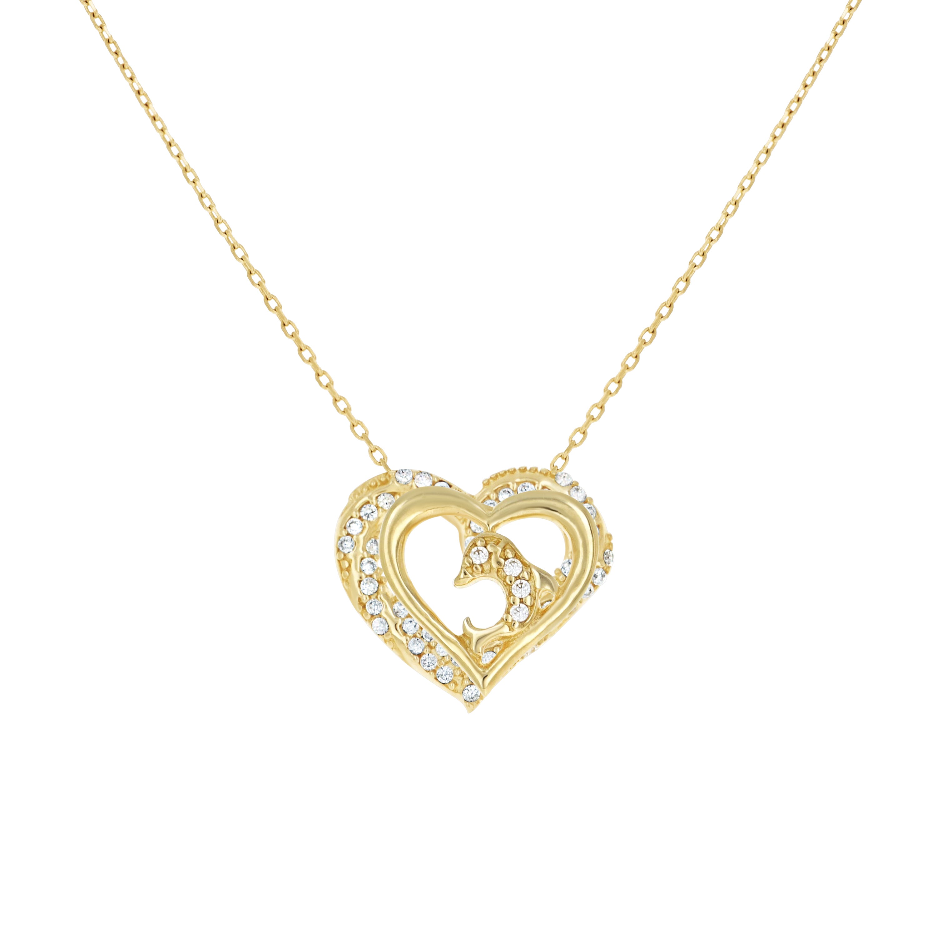 14kt Yellow Gold Womens Cubic-Zirconia Dolphin Heart Love Necklace 18 Inches