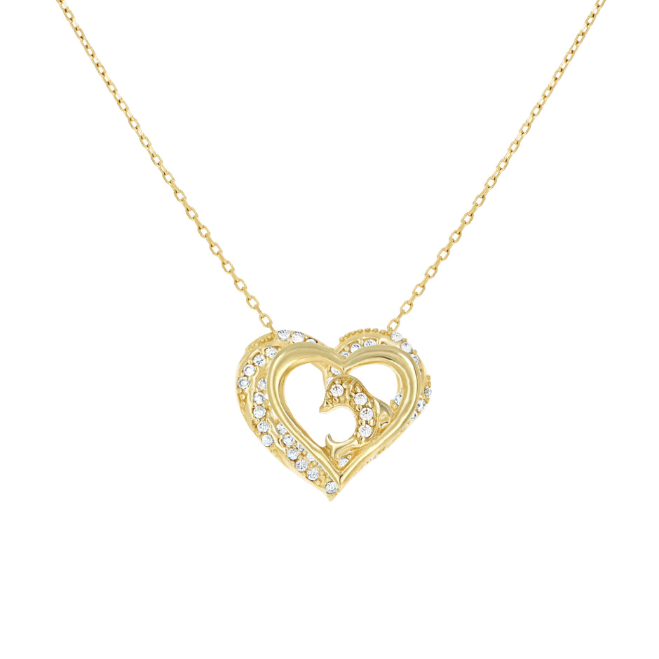 14kt Yellow Gold Womens Cubic-Zirconia Dolphin Heart Love Necklace 18 Inches